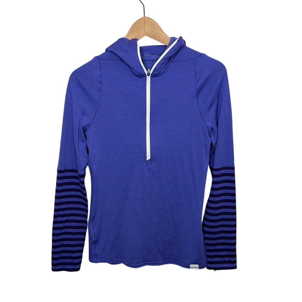 Patagonia Merino 3 Midweight Hoody Size Medium Purple Stripe 1/2 Zip Thermal